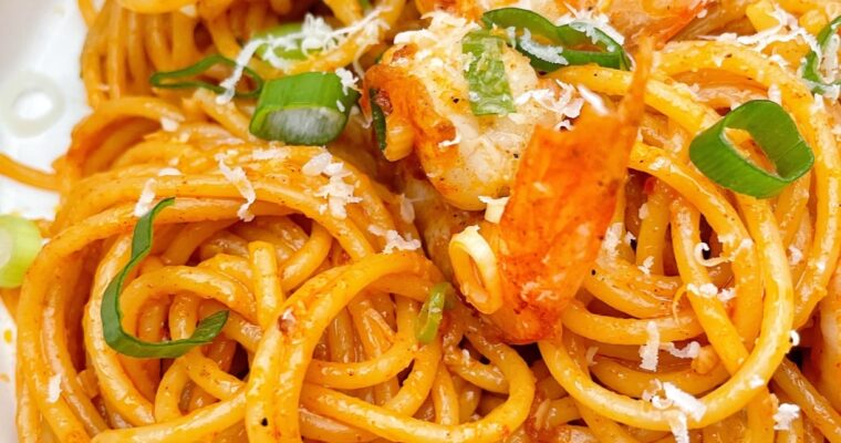 Chinese-Korean Spicy Garlic Shrimp Spaghetti