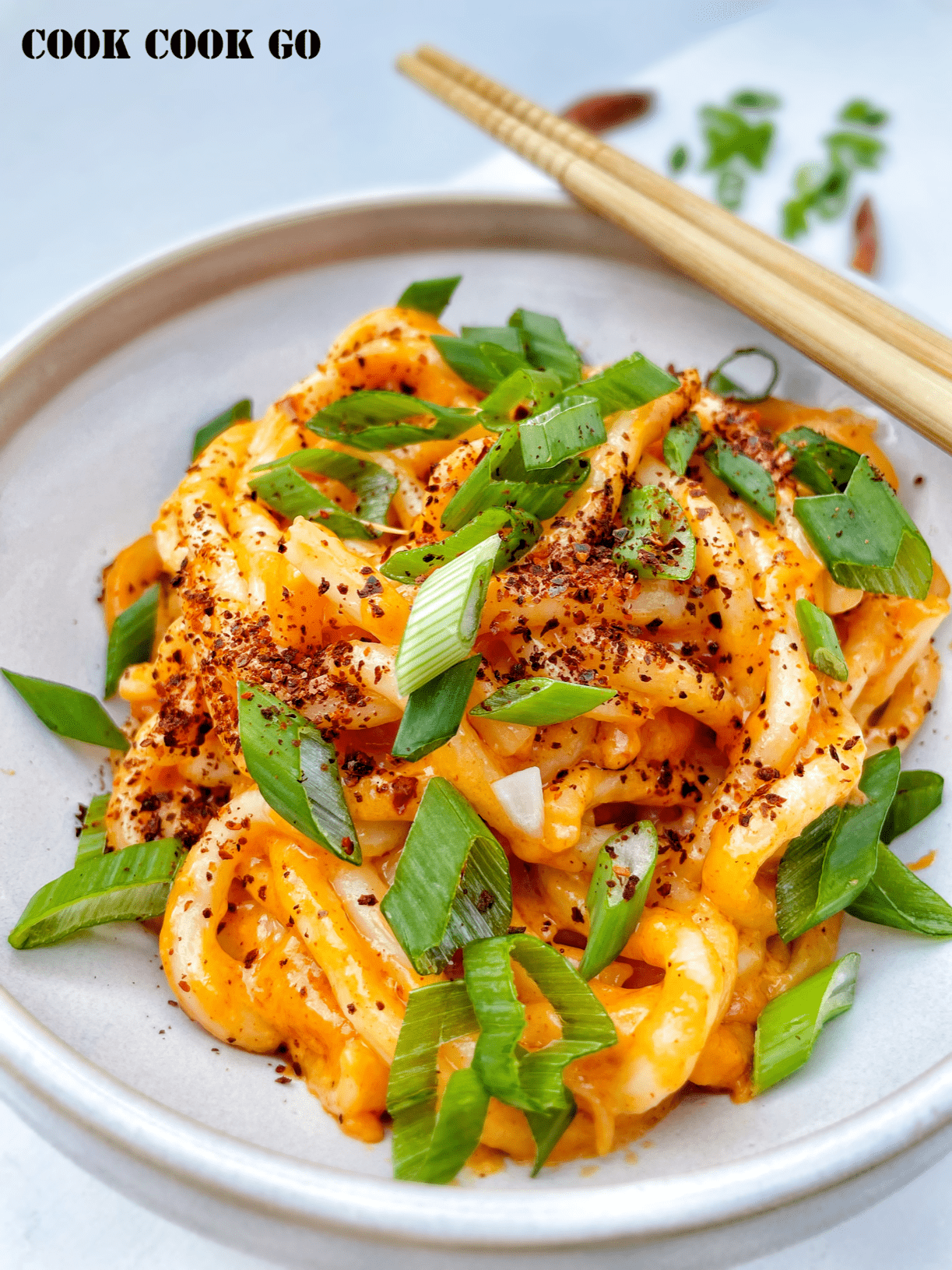 Udon noodles with cheesy and spicy sauce