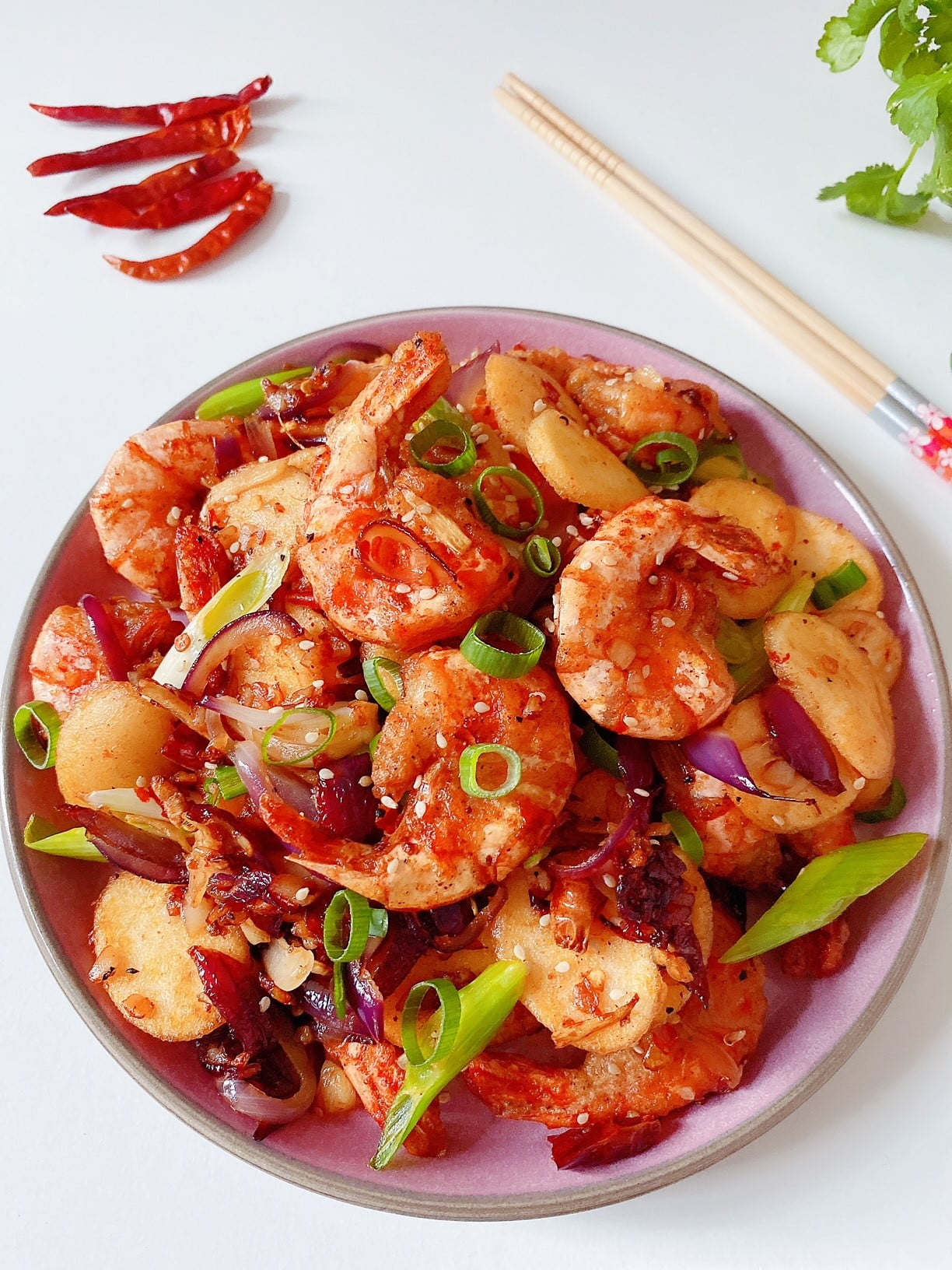 Sichuan chili shrimp with Korean rice cakes