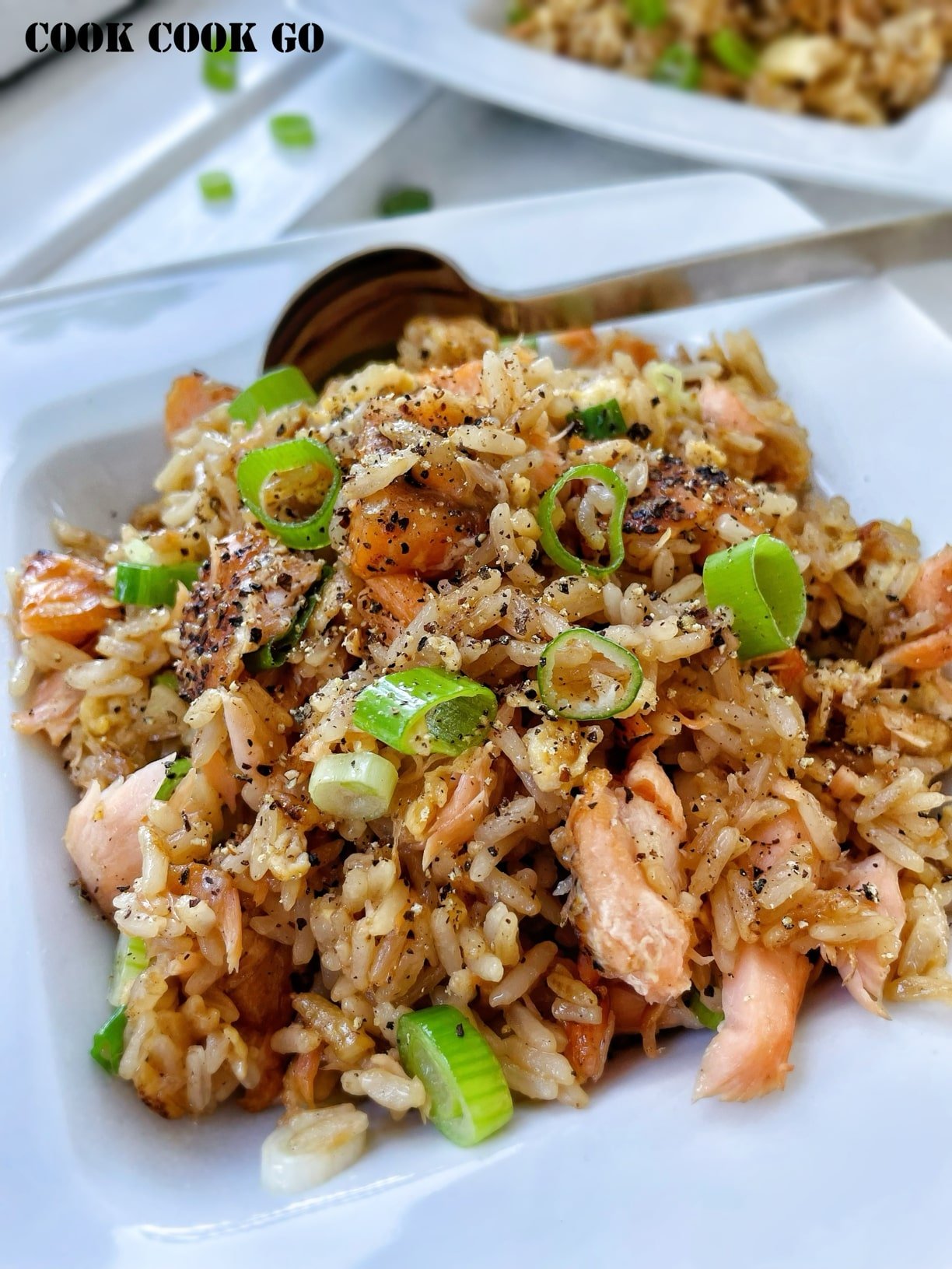 super easy fried rice with salmon and egg