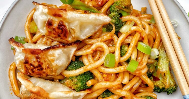 Spicy Garlic Udon Noodles with Dumplings