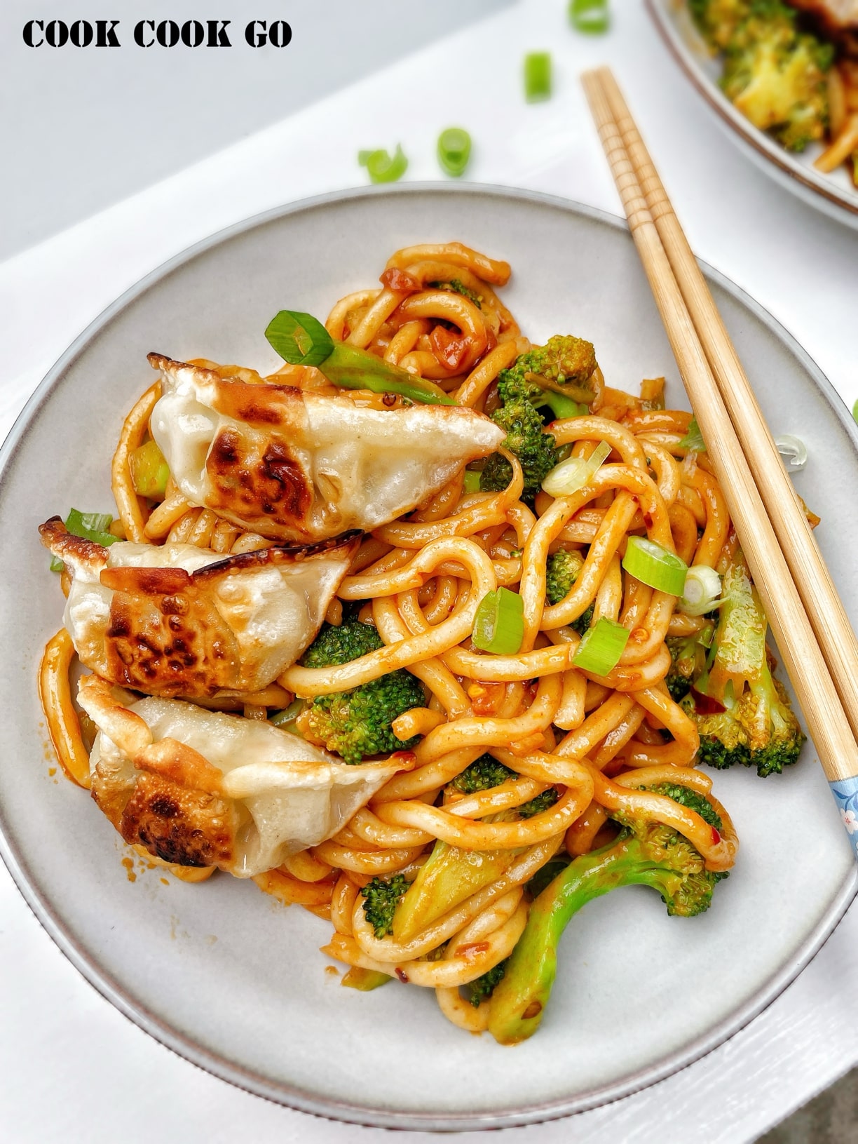 Spicy Garlic Udon Noodles with Dumplings