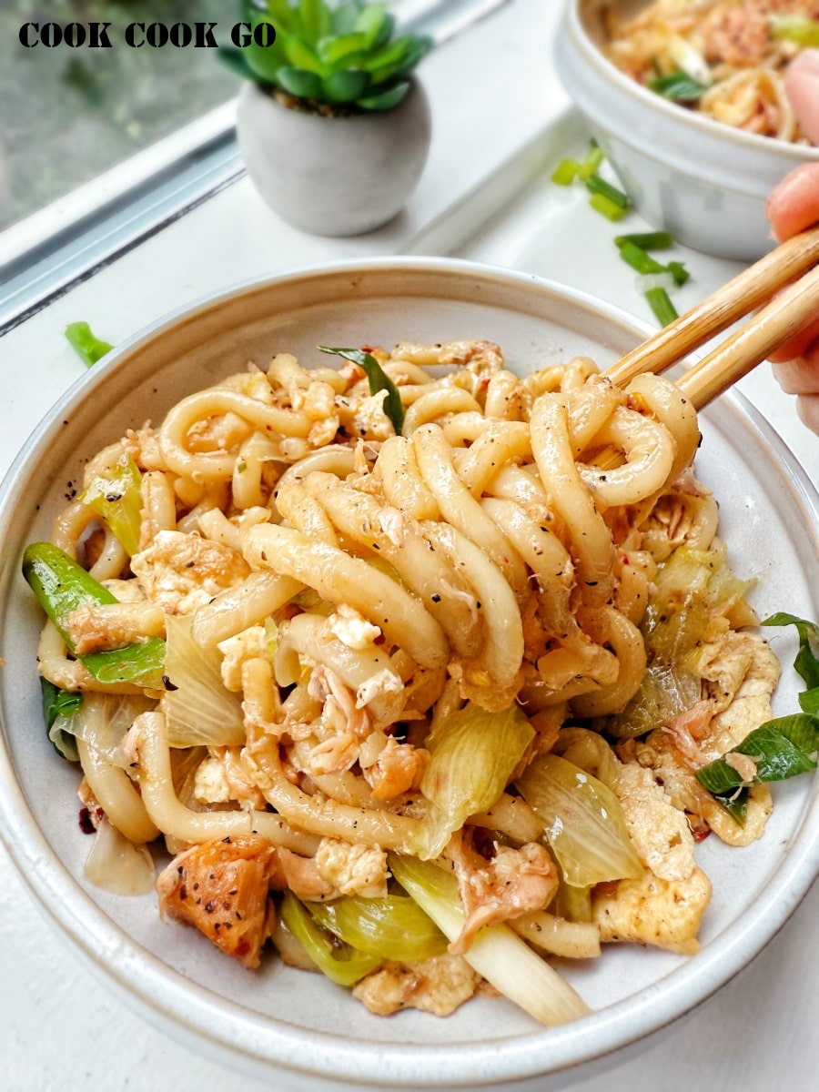 Salmon stir fry udon noodles